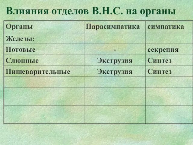 Влияния отделов В.Н.С. на органы