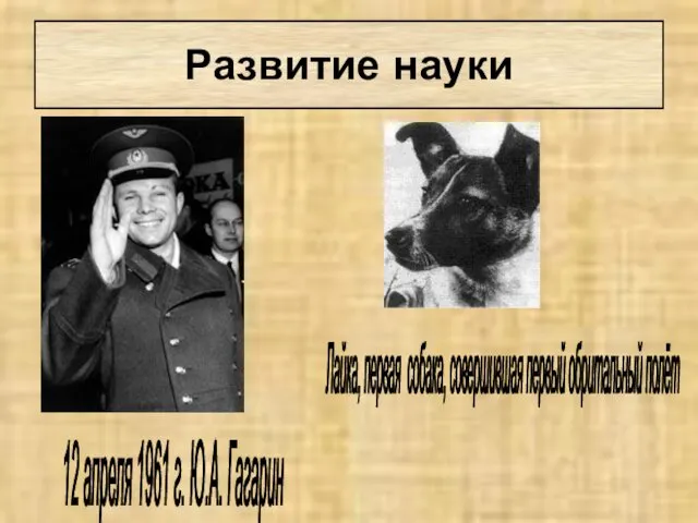 12 апреля 1961 г. Ю.А. Гагарин Лайка, первая собака, совершившая первый обритальный полёт Развитие науки