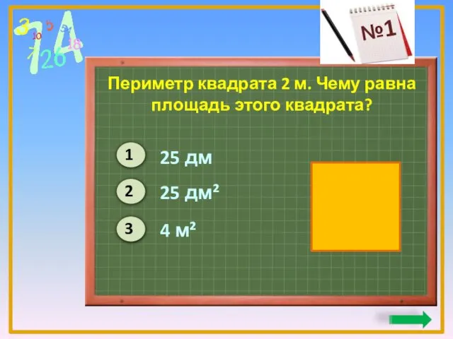 Периметр квадрата 2 м. Чему равна площадь этого квадрата? 25 дм 25 дм² 4 м²