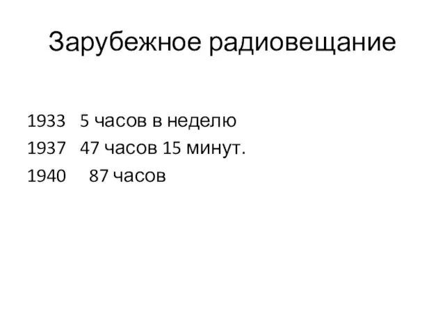 Зарубежное радиовещание 1933 5 часов в неделю 1937 47 часов 15 минут. 1940 87 часов