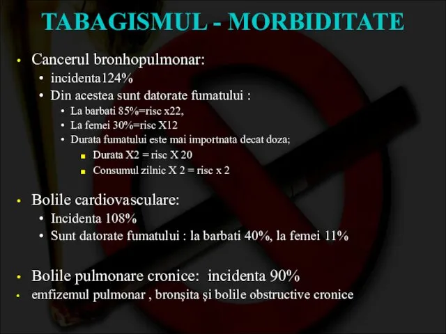 TABAGISMUL - MORBIDITATE Cancerul bronhopulmonar: incidenta124% Din acestea sunt datorate fumatului