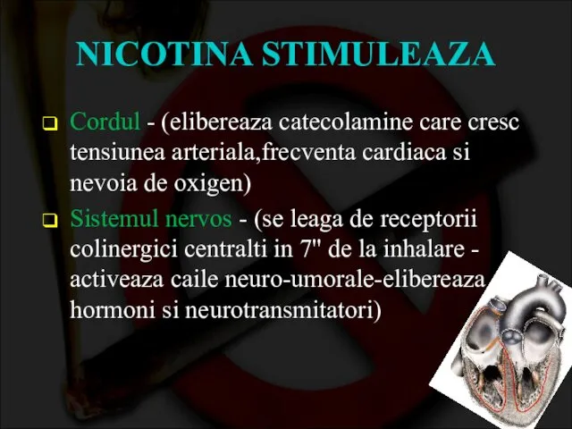 NICOTINA STIMULEAZA Cordul - (elibereaza catecolamine care cresc tensiunea arteriala,frecventa cardiaca