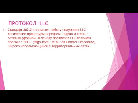 ПРОТОКОЛ LLC Стандарт 802.2 описывает работу подуровня LLC – логические процедуры