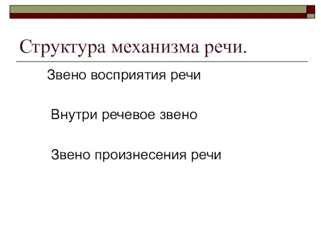 Структура механизма речи. Звено восприятия речи Внутри речевое звено Звено произнесения речи