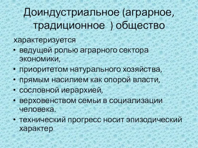 Доиндустриальное (аграрное, традиционное ) общество характеризуется ведущей ролью аграрного сектора экономики,