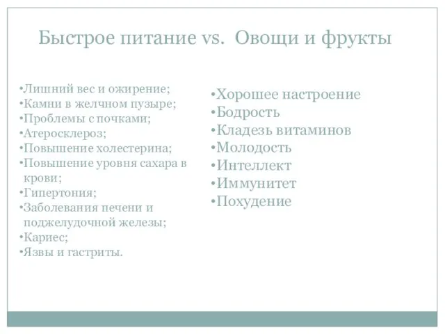 Быстрое питание vs. Овощи и фрукты Лишний вес и ожирение; Камни