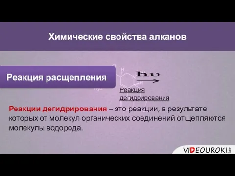 Химические свойства алканов Реакция расщепления Реакция дегидрирования Реакции дегидрирования – это