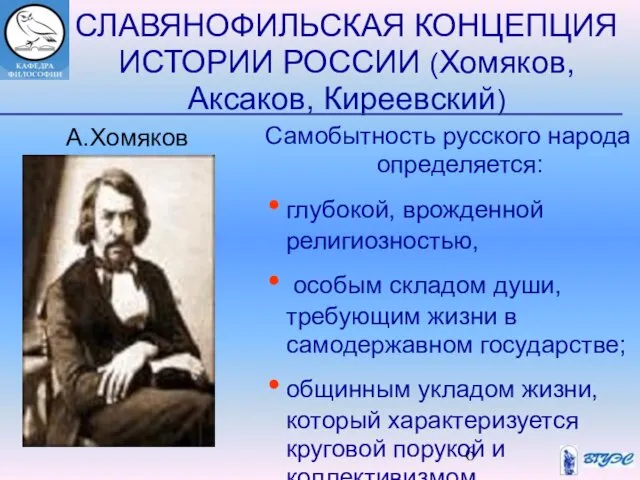 СЛАВЯНОФИЛЬСКАЯ КОНЦЕПЦИЯ ИСТОРИИ РОССИИ (Хомяков, Аксаков, Киреевский) Самобытность русского народа определяется: