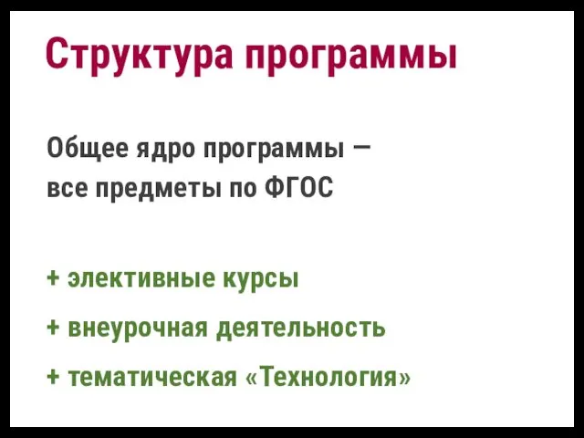 Общее ядро программы — все предметы по ФГОС + элективные курсы