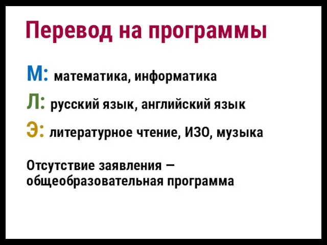 М: математика, информатика Л: русский язык, английский язык Э: литературное чтение,