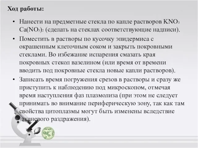 Ход работы: Нанести на предметные стекла по капле растворов KNO3 Ca(NO3)2