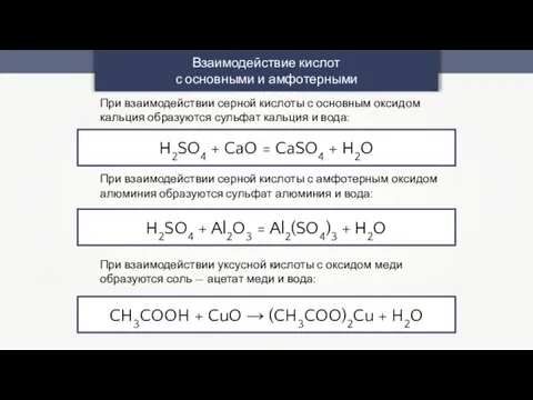 Взаимодействие кислот с основными и амфотерными оксидами H2SO4 + CaO =