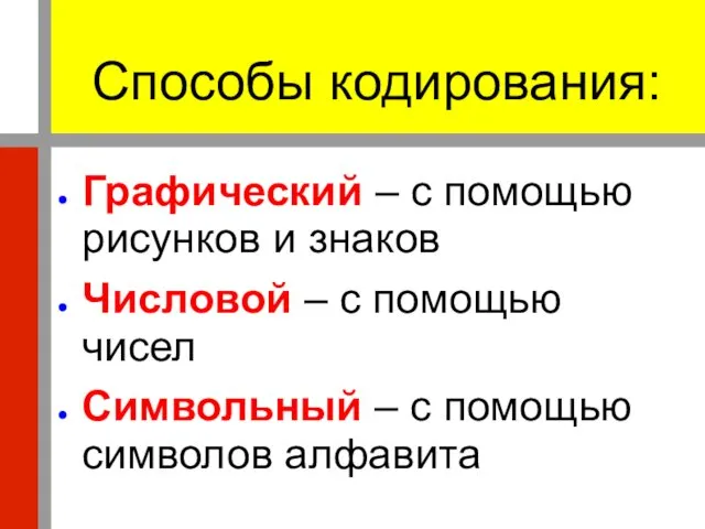 Способы кодирования: Графический – с помощью рисунков и знаков Числовой –