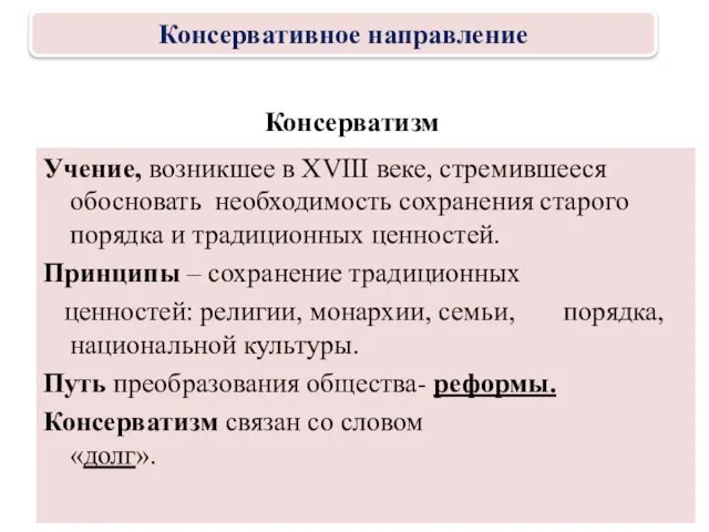 Консерватизм Учение, возникшее в XVIII веке, стремившееся обосновать необходимость сохранения старого