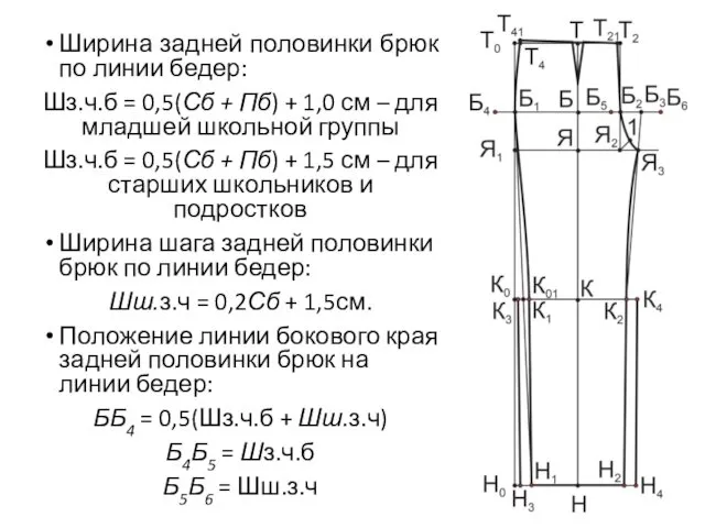 Ширина задней половинки брюк по линии бедер: Шз.ч.б = 0,5(Сб +