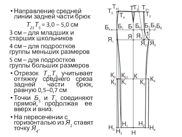 Направление средней линии задней части брюк Т21Т5 = 3,0 – 5,0