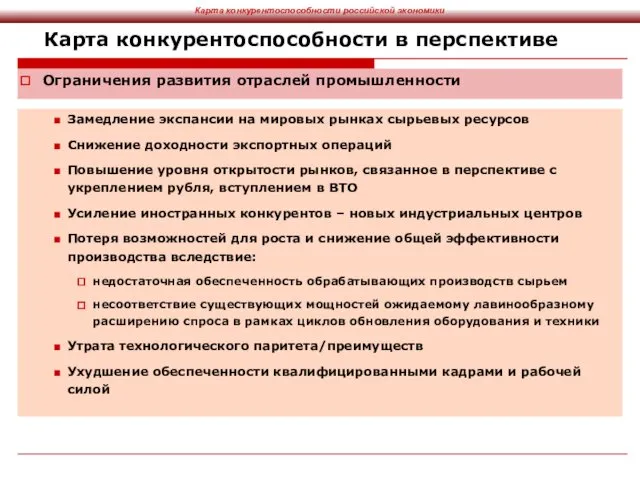 Карта конкурентоспособности в перспективе Ограничения развития отраслей промышленности Замедление экспансии на