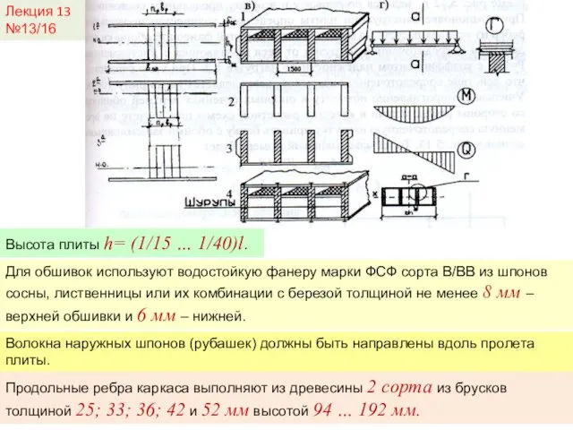 Лекция 13 №13/16 Высота плиты h= (1/15 … 1/40)l. Для обшивок