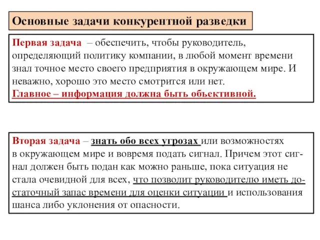 Основные задачи конкурентной разведки Первая задача – обеспечить, чтобы руководитель, определяющий