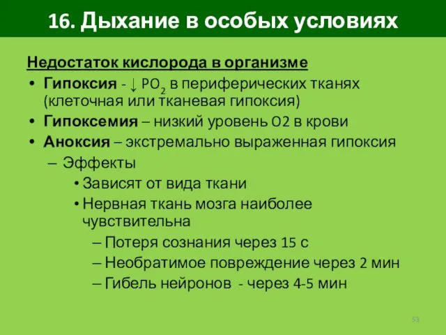 16. Дыхание в особых условиях Недостаток кислорода в организме Гипоксия -