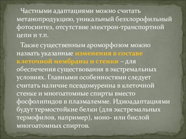 Частными адаптациями можно считать метанопродукцию, уникальный безхлорофильный фотосинтез, отсутствие электрон-транспортной цепи