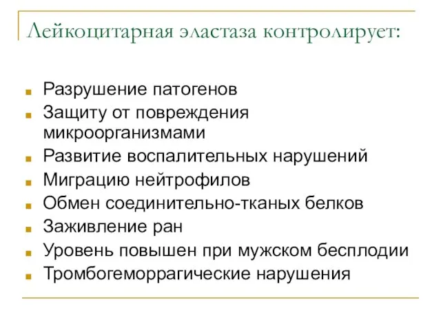 Лейкоцитарная эластаза контролирует: Разрушение патогенов Защиту от повреждения микроорганизмами Развитие воспалительных