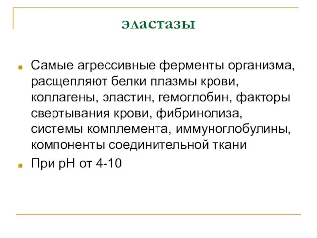 эластазы Самые агрессивные ферменты организма, расщепляют белки плазмы крови, коллагены, эластин,