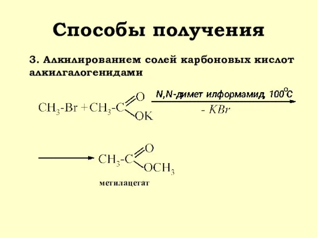 Способы получения 3. Алкилированием солей карбоновых кислот алкилгалогенидами метилацетат