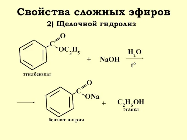 Свойства сложных эфиров 2) Щелочной гидролиз + NaОH Н2О to + С2Н5ОH этилбензоат бензоат натрия этанол