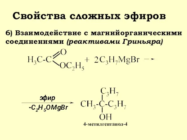 Свойства сложных эфиров 6) Взаимодействие с магнийорганическими соединениями (реактивами Гриньяра) 4-метилгептанол-4