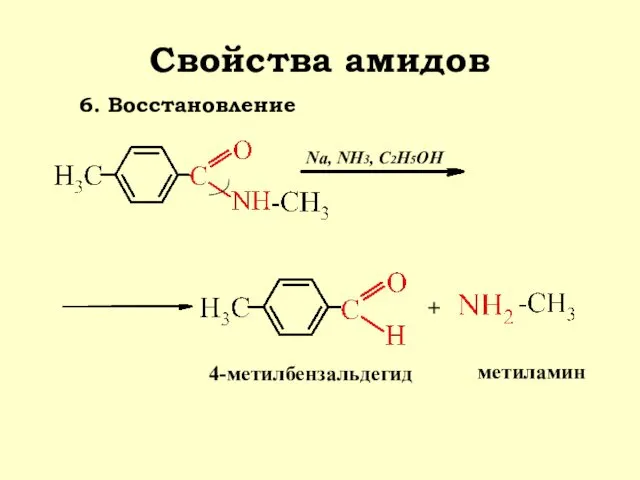 Свойства амидов 6. Восстановление + Na, NH3, C2H5OH 4-метилбензальдегид метиламин
