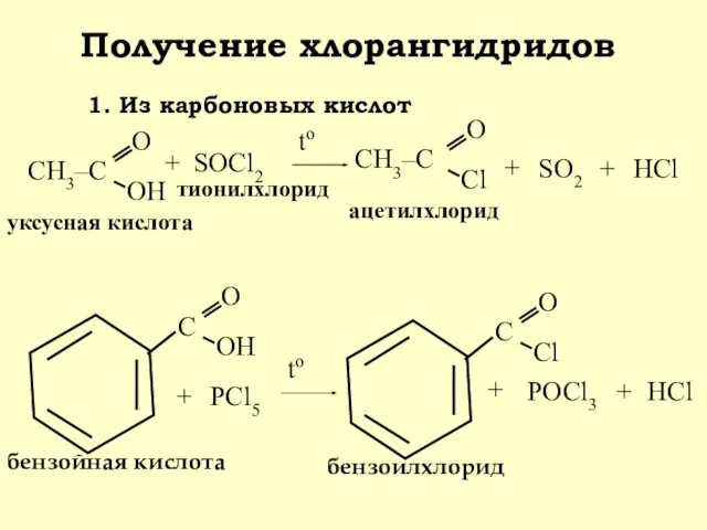 Получение хлорангидридов уксусная кислота + SOCl2 + + HCl SO2 ацетилхлорид