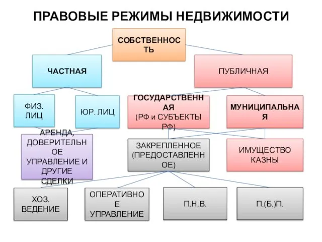 ПРАВОВЫЕ РЕЖИМЫ НЕДВИЖИМОСТИ СОБСТВЕННОСТЬ ФИЗ. ЛИЦ ПУБЛИЧНАЯ ЮР. ЛИЦ ЧАСТНАЯ МУНИЦИПАЛЬНАЯ