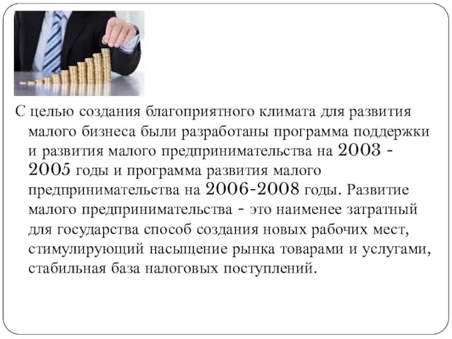 С целью создания благоприятного климата для развития малого бизнеса были разработаны