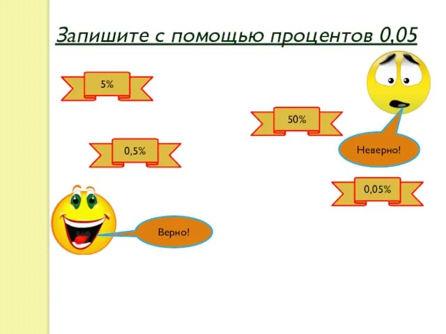 Запишите с помощью процентов 0,05 50% 0,05% 0,5% 5% Верно! Неверно!