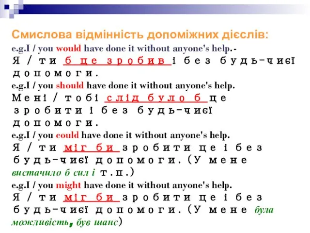 Смисловa відмінність допоміжних дієслів: e.g.I / you would have done it