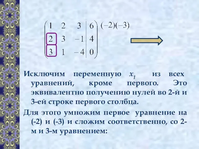 Исключим переменную x1 из всех уравнений, кроме первого. Это эквивалентно получению