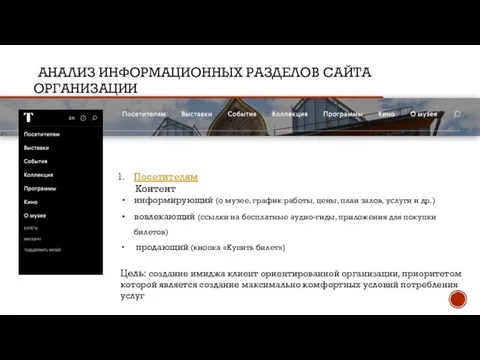 АНАЛИЗ ИНФОРМАЦИОННЫХ РАЗДЕЛОВ САЙТА ОРГАНИЗАЦИИ Посетителям Контент информирующий (о музее, график