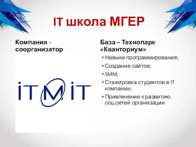 Компания - соорганизатор База – Технопарк «Кванториум» Навыки программирования; Создание сайтов;