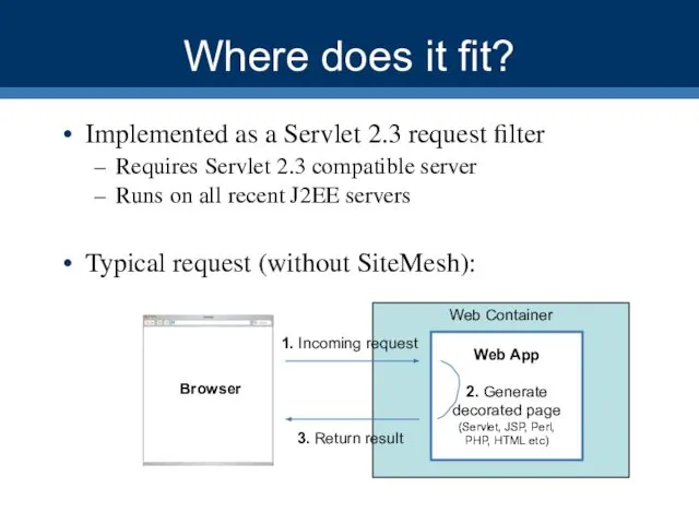 Web Container Where does it fit? Implemented as a Servlet 2.3