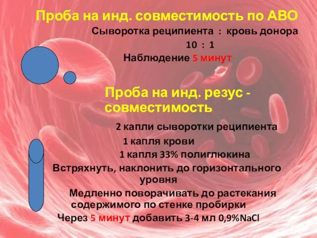 Проба на инд. совместимость по АВО Сыворотка реципиента : кровь донора