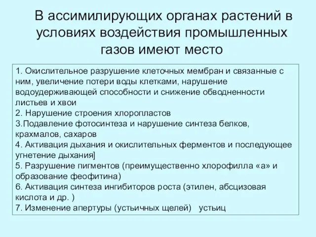 В ассимилирующих органах растений в условиях воздействия промышленных газов имеют место