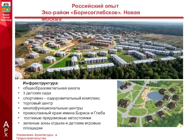 Российский опыт Эко-район «Борисоглебское». Новая Москва Инфраструктура: общеобразовательная школа 3 детских