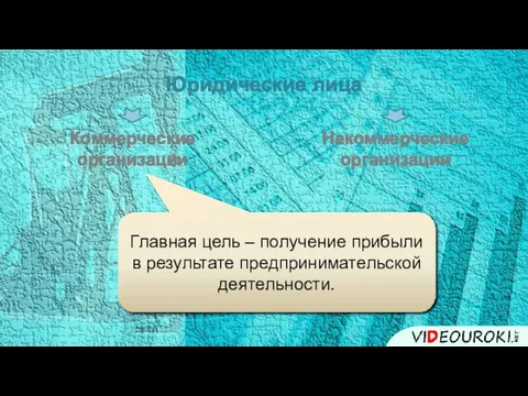 Юридические лица Коммерческие организации Некоммерческие организации Главная цель – получение прибыли в результате предпринимательской деятельности.