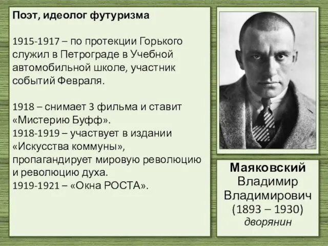 Поэт, идеолог футуризма 1915-1917 – по протекции Горького служил в Петрограде