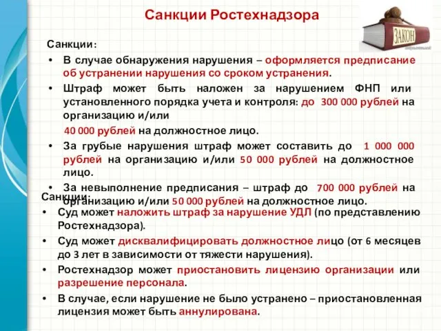 Санкции Ростехнадзора Санкции: В случае обнаружения нарушения – оформляется предписание об