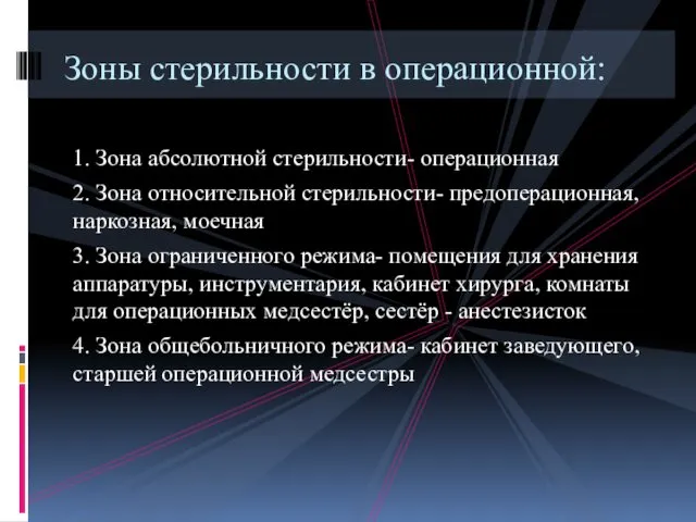 1. Зона абсолютной стерильности- операционная 2. Зона относительной стерильности- предоперационная, наркозная,