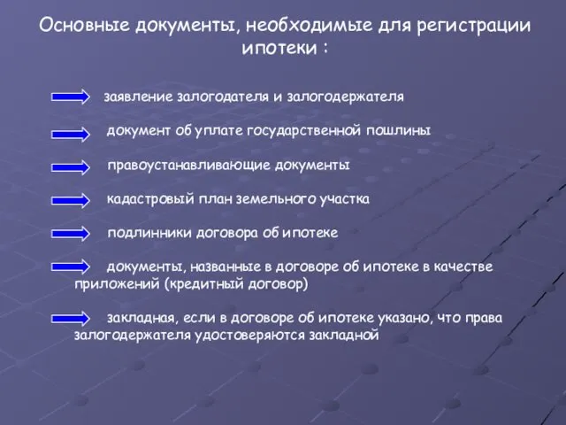 Основные документы, необходимые для регистрации ипотеки : заявление залогодателя и залогодержателя