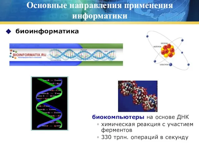 Основные направления применения информатики биоинформатика биокомпьютеры на основе ДНК химическая реакция
