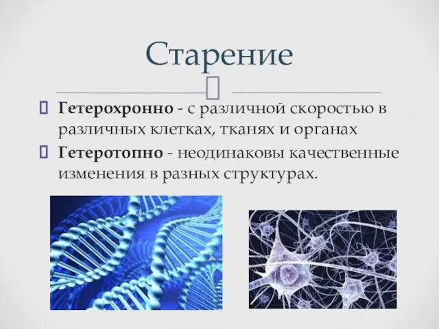 Гетерохронно - с различной скоростью в раз­личных клетках, тканях и органах